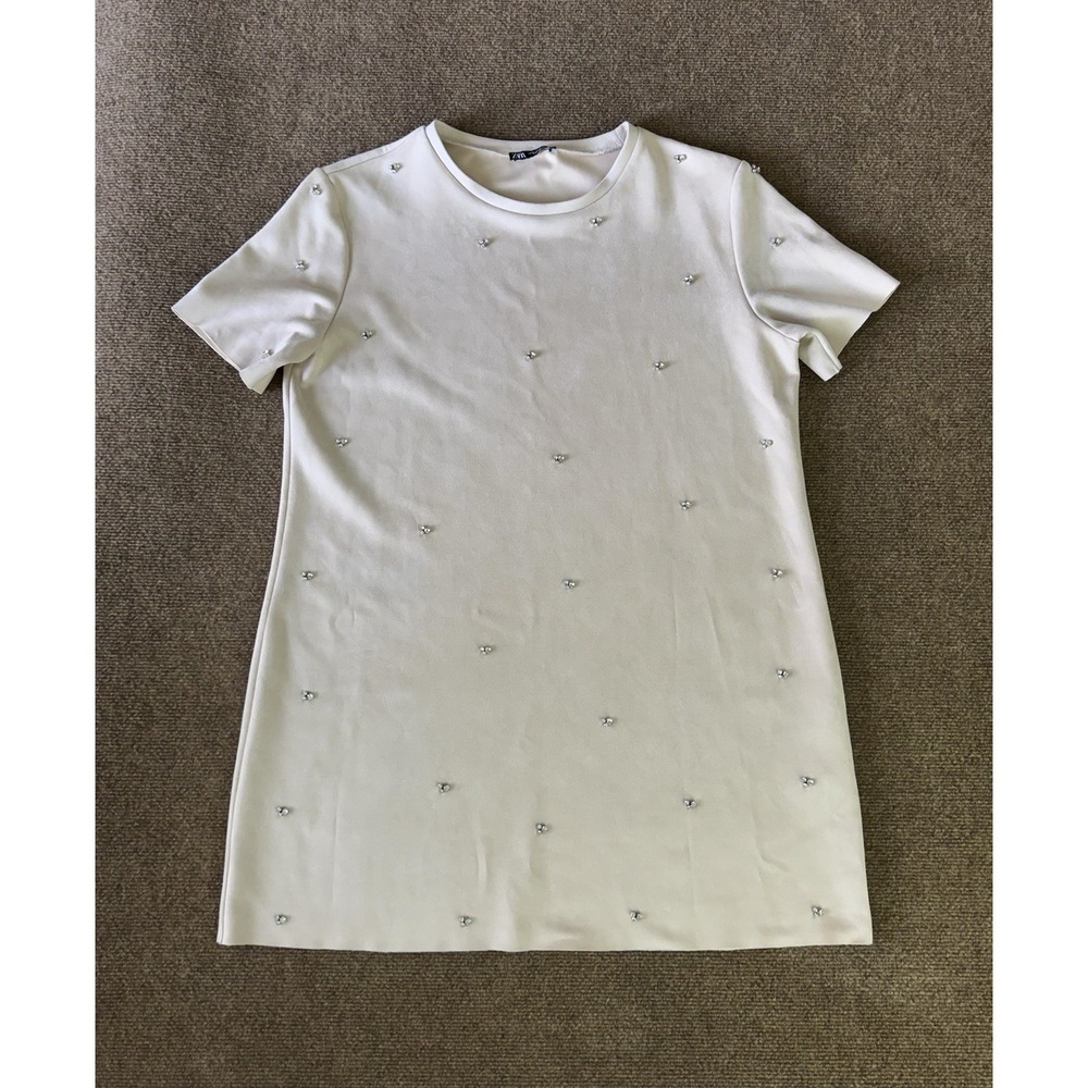 Zara Faux Suede Rhinestone Embellished Shift Mini Dress XL Cream/Ivory - Picture 2 of 13